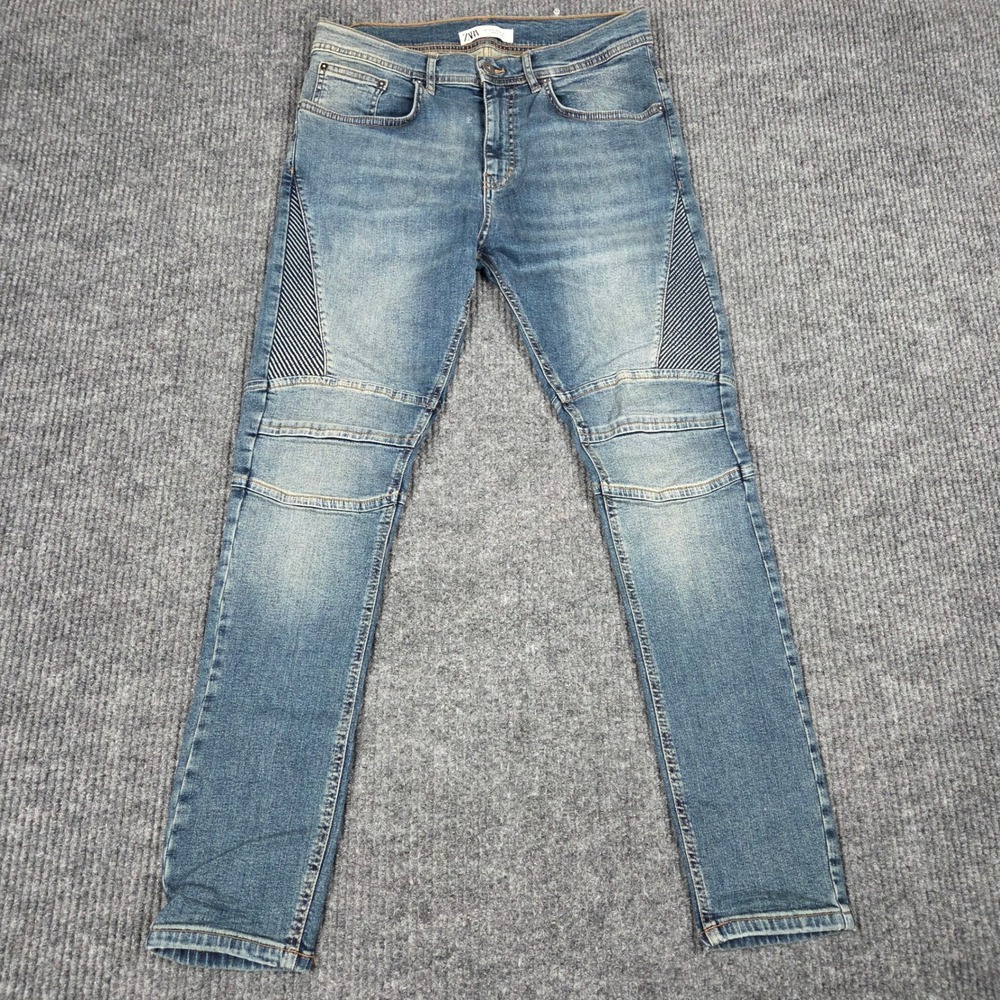 Zara Man Blue Moto Biker Jeans Ribbed Knee Slim‎ Fit Medium Wash Size 32 26772